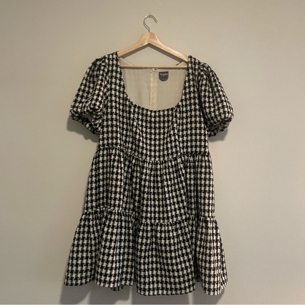 NWT ARULA Black & White Plaid Houndstooth Puff Sleeve Mini Dress, Size A 1x - Picture 1 of 4